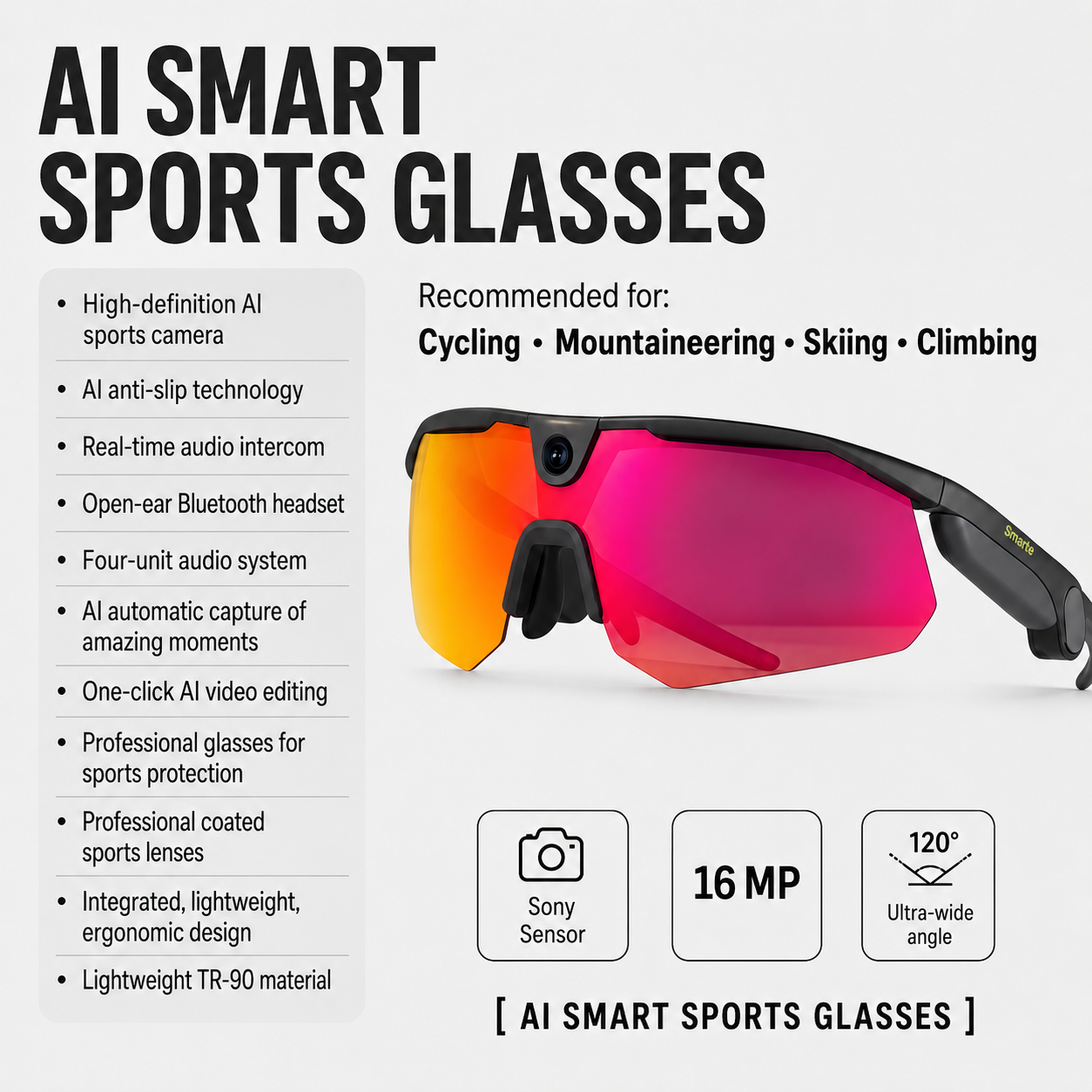 BleeqUp Ranger AI Cycling Camera Glasses with 3K POV Video and Open-Ear Audio